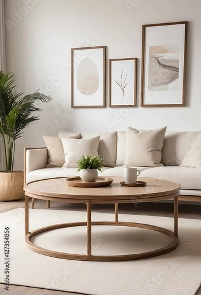 Fototapeta Modern Minimalist Living Room Interior with Wooden Coffee Table