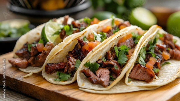 Obraz Delicious tacos with grilled meat, tomatoes, coriander and lime celebrating cinco de mayo