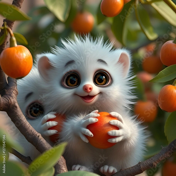 Fototapeta Close-up of two cartoonish, fluffy, white animals, possibly marmosets or similar creatures, situated in a tree laden with orange fruits (likely kumquats)