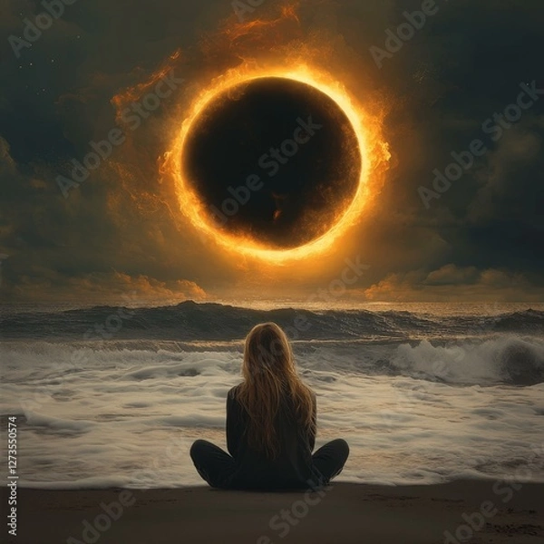 Fototapeta Silhouette Person Meditating on Beach Serene Eclipse Contemplation Peaceful Scene Tranquil Horizon View