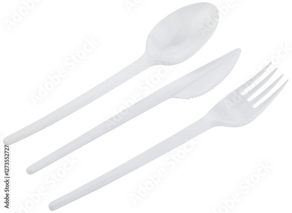 Obraz Disposable plastic cutlery: spoon, knife, fork isolated on a transparent background. Completely in focus. Focus stacking.