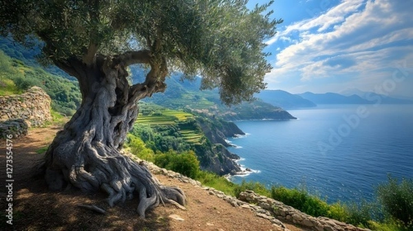 Fototapeta A Picturesque Scene of an Ancient Taggiasca Olive Tree on the Ligurian Coast Surrounded by Olive Groves and Glimmering Sea