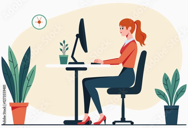 Fototapeta A woman is working at her desk, typing on a computer and using a mouse. Flat vector illustration