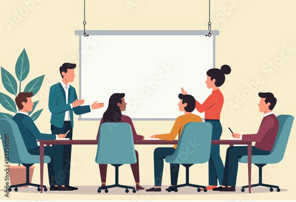 Fototapeta A group of people are gathered around a table in a meeting room, with a presentation board and a plant in the background. Flat vector illustration