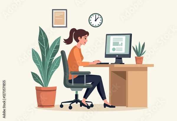 Fototapeta A woman is working at her desk in an office, using a computer and surrounded by a potted plant and a clock. Flat vector illustration