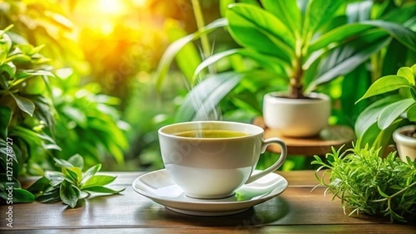 Fototapeta Calming Green Tea: Macro Photo of Tea in White Cup & Saucer with Indoor Plants & Window View
