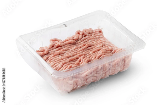 Fototapeta Minced meat in plastic packaging isolated on transparent background