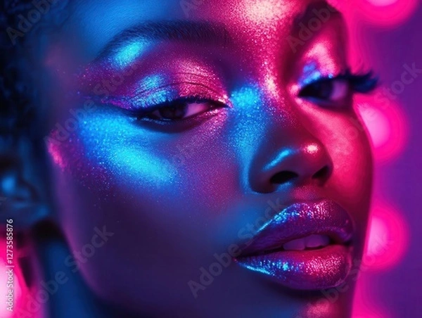 Fototapeta Bold makeup trends with glowing neon AR cosmetics guides, sleek modern studio, vibrant lighting, high contrast, photorealistic