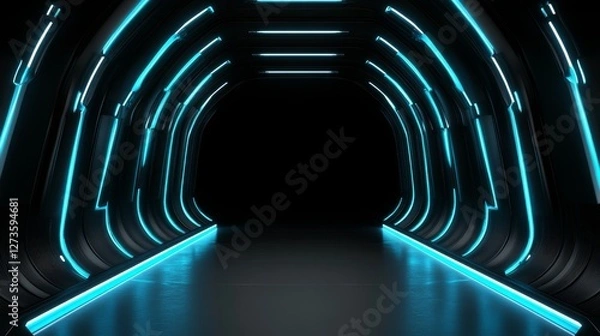 Fototapeta Futuristic corridor with glowing blue light leading into a dark space, ideal for sci-fi settings
