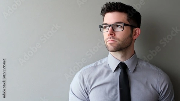 Fototapeta Focused professional in business attire embodies determination and expertise in a modern work environment.