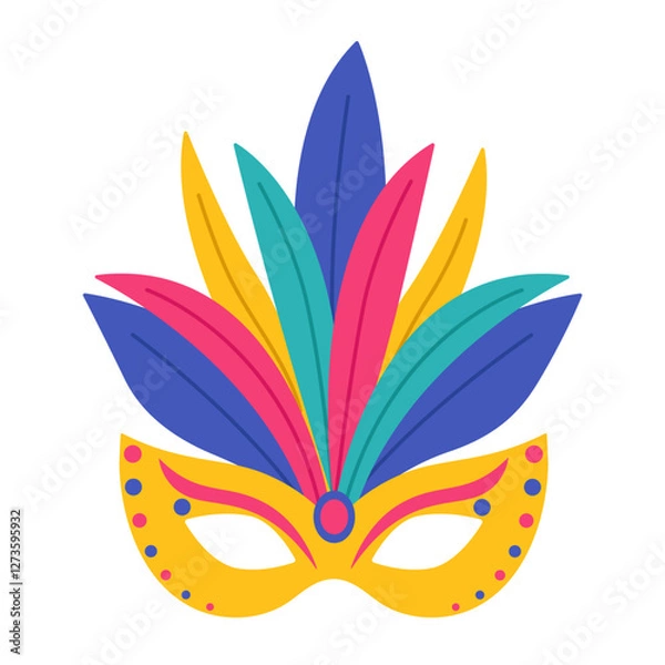 Obraz Yellow carnival face mask with decorations and colorful feathers. Masquerade accessory. Masque for Brazil carnival, Venetian carnival, Mardi Gras. Vector flat illustration isolated on white background