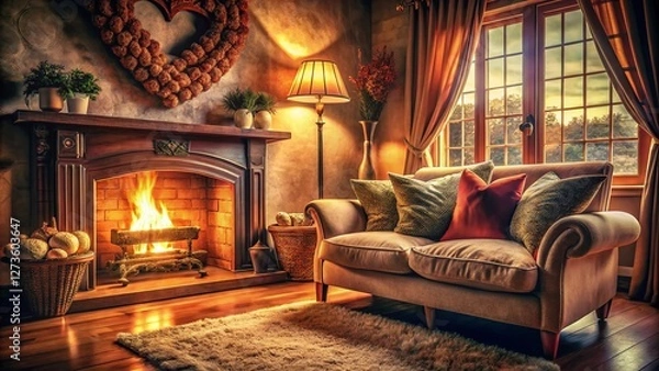 Fototapeta Cozy Living Room with Heart-Shaped Cushions: Vintage Warmth and Charm