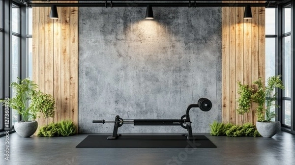 Fototapeta Concrete wall mockup in a modern gym interior with wooden wall bars, a black rowing machine, large windows, and subtle spotlights, loft design, 4K ultra-realistic photo