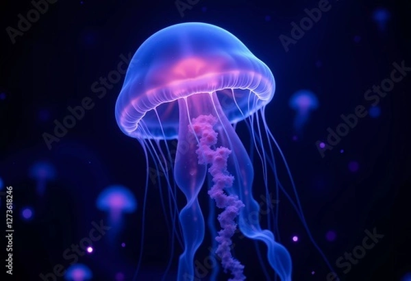Fototapeta Colorful Illuminated Jellyfish in Underwater Ocean Scene with Glowing Effects