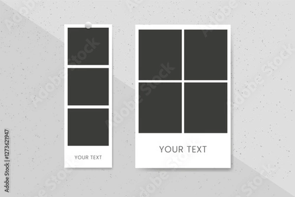 Fototapeta Blank Instant photo booth picture retro collage on a gray concrete wall. Vintage snapshots strip selfie shot. Realistic film photography digital design. Vector illustration