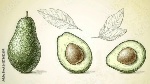 Fototapeta A vector hand-drawn avocado set in earthy green tones. Whole avocado, halved pieces with visible seeds, and a delicate avocado leaf sketched in fine engraved detail. 