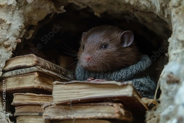 Fototapeta Rat in sweater nestled with ancient books.