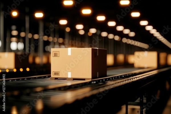 Fototapeta Parcel box moves on a conveyor belt in warehouse with lights for distribution use