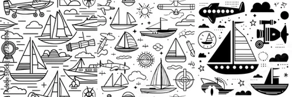 Fototapeta A repeating design of silhouetted air transport and ships forms a seamless monochrome pattern with a hand drawn black and white graphic of vintage adventure themes