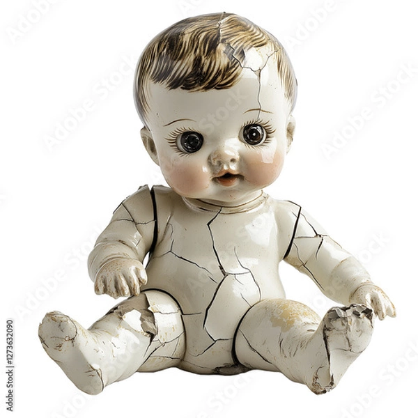 Fototapeta A broken antique porcelain baby doll with a cracked face and body, isolated on a transparent background