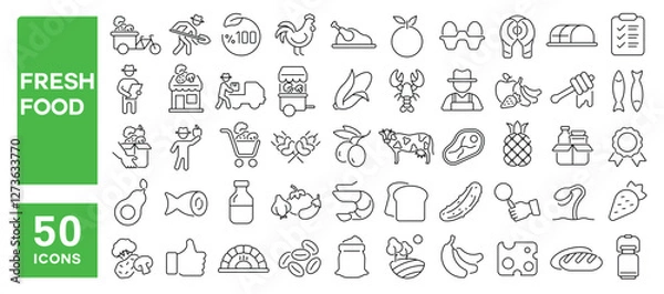 Fototapeta Set of 50 line icons related to fresh food, organic, farmer, superfood, vegetables, fruit, meat, bread, grocery, antioxidant, ecology, Editable stroke. Vector illustration
