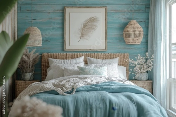 Obraz Mock up frame in cozy home interior background, coastal style bedroom, 3d render