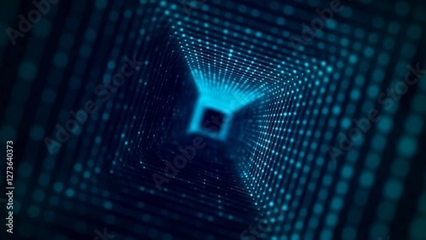 Fototapeta Cyber square tunnel consisting of moving glowing points. Futuristic infinite space background. Concept of data transfer in cyberspace. Hi-tech illustration. 3d rendering