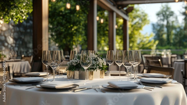 Obraz Elegant outdoor dining setup at a restaurant with floral centerpiece during golden hour