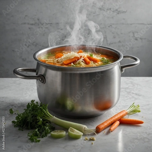Obraz A steaming pot of soup with ingredients like carrots, celery, and noodles floating on the surface, placed on a white countertop.