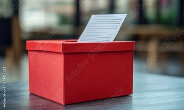 Obraz Red feedback box with paper feedback forms inside highlighting the importance of customer opinions, suggestions, and evaluations for service