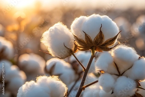 Fototapeta Illuminated Cotton Blossoms: A Glimpse into Nature’s Luxurious Fabric Under Golden Sunlight