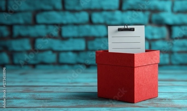 Obraz Red feedback box with paper feedback forms inside highlighting the importance of customer opinions, suggestions, and evaluations for service