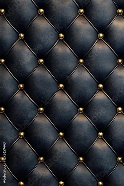 Fototapeta Leather pattern, quilted background with gold details, leather material with buttons and rivets, black color scheme, dark blue background