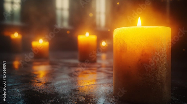Fototapeta Warm candlelight flickers gently in a calm room, filling the space with a soothing ambiance. The rich hues dance on surfaces, inviting relaxation and peace
