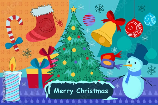 Fototapeta Snowman and gift box with pine tree for Christmas Holiday celebration