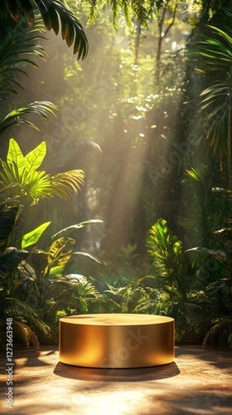 Obraz Golden Podium in Lush Tropical Jungle for Product Promotion, Nature-Themed Presentation Design with Sunlight, Foliage, and Exotic Backdrop