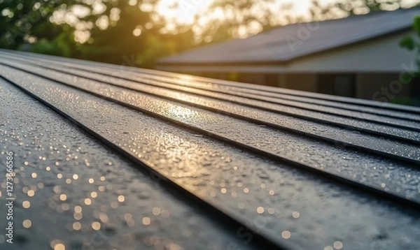 Obraz Close up of modern metal roof tile with condensation droplets, showcasing durability and design for construction during morning time