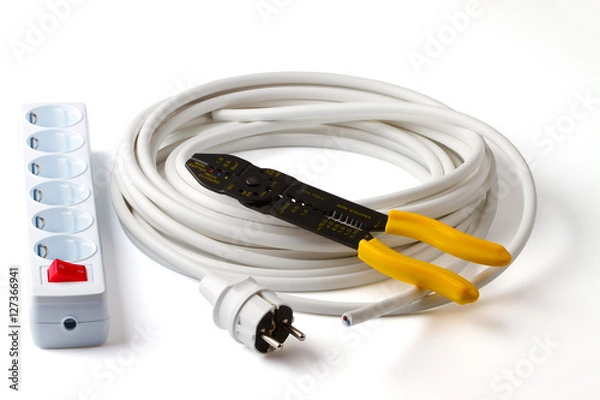 Fototapeta Electric cable, wire stripper, plug and socket