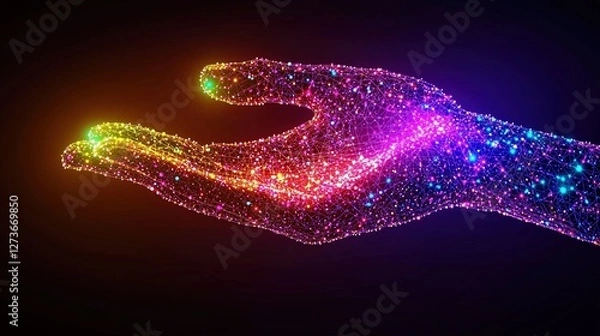 Obraz A vibrant, glowing hand made of colorful particles against a dark background.