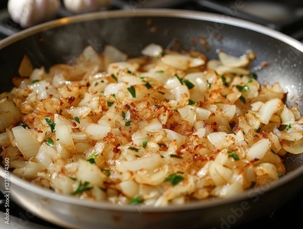 Obraz Sauteed onions in a pan, golden and aromatic.