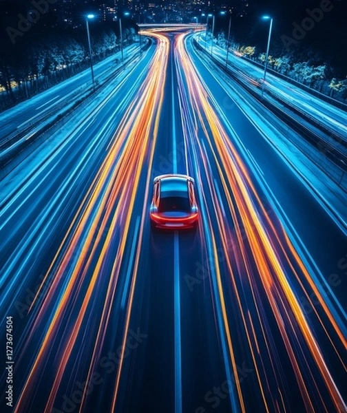 Obraz High-speed autonomous vehicle with dynamic light trails on a highway, representing the concept of futuristic transportation and electric vehicles