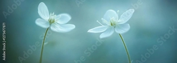 Fototapeta Beautiful white cherry flowers on light blue blurred backgrond. Amazing close-up of spring blossom. Cool clear pure scene displaying beauty of elegance. Business advertisement materials. Copy space