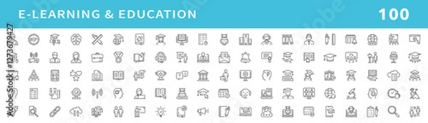 Fototapeta E-learning, online education icons set. Distance learning icons collection. Contains such icons as e-learning, video lesson, e-book, training and webinar for web and mobile app. Editable stroke.