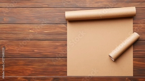 Fototapeta A flat lay of brown kraft paper rolls on a wooden surface, ideal for craft projects and eco-friendly designs.