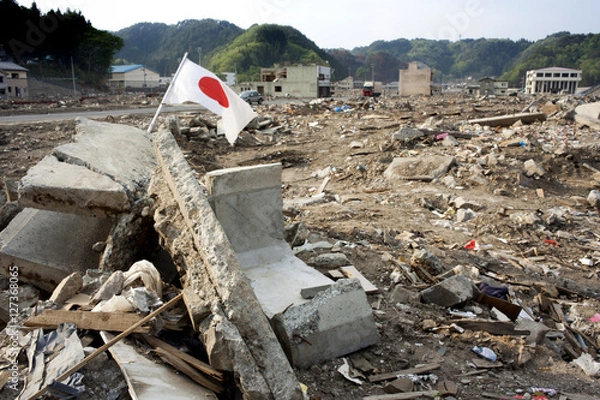 Obraz After earthquake and tsunami ,destroyed town on the Pacific	