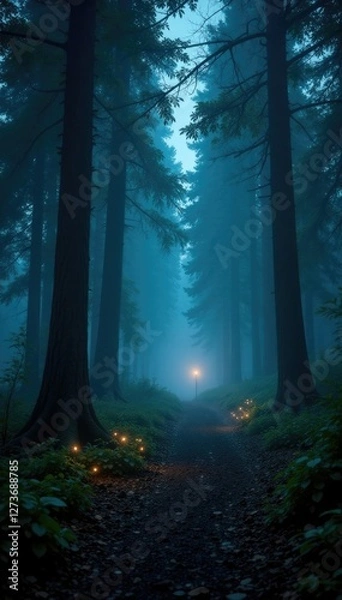 Obraz Dark forest with twinkling lights and misty atmosphere, lights, night