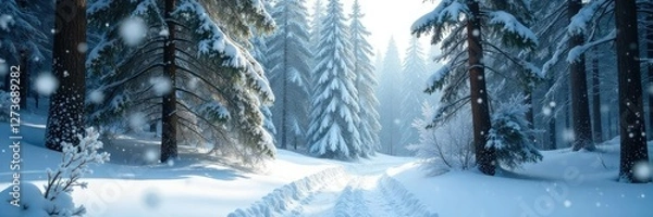 Obraz Dense pine forest with snowflakes gently falling on the ground, tranquil scene, white, winter landscape