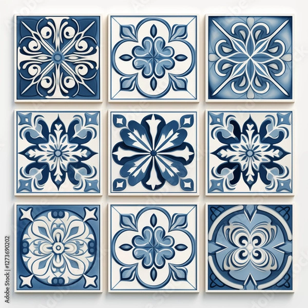 Fototapeta Blue and White Floral Tile Pattern Set Azulejo Style  Square Ceramic Tiles