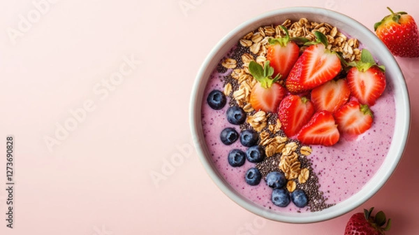 Fototapeta A smoothie bowl topped with granola, chia seeds, strawberries, and blueberries, served in a minimalist bowl.