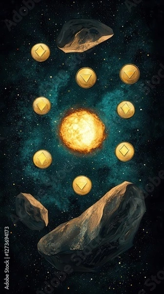 Fototapeta The Eight of Pentacles tarot card, a cosmic craftsman carving glowing pentacles into floating asteroids, symbolizing mastery and skill